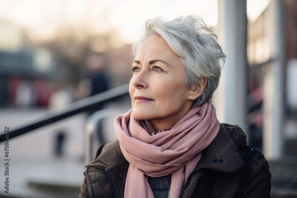 Portrait of a beautiful senior woman with gray hair and scarf in the city Portrait of a beautiful senior woman with gray hair and scarf in the city
