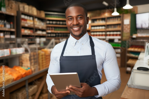 Smiling African American Grocer with Tablet PC