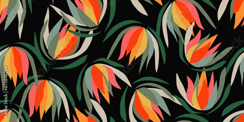 Trendy exotic hand drawn flowers seamless pattern. Floral background for textile, wallpaper, banner, covers, surface, printing and home decor. Flower vector illustration.
