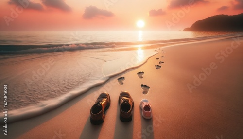 Golden hour at a serene beach, with shoes lined up next to fading human footprints in the sand photo