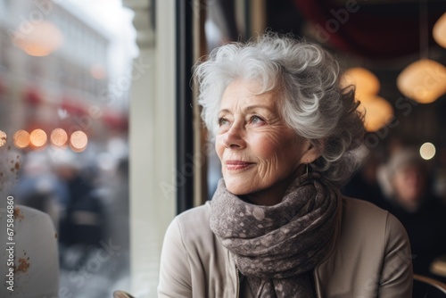 Portrait of a senior woman looking at the camera in a cafe
