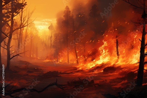 Forest fire burning with a lot of smoke at night. Wildfire. Heatwave causes forest burning rapidly and destroyed, natural calamity. Pine trees burned during the dry season. Natural disaster