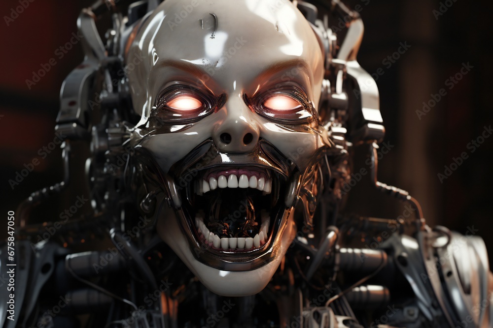 Funny and scary laughing cyborg, with empty copy space Generative AI Funny and scary laughing cyborg, with empty copy space Generative AI