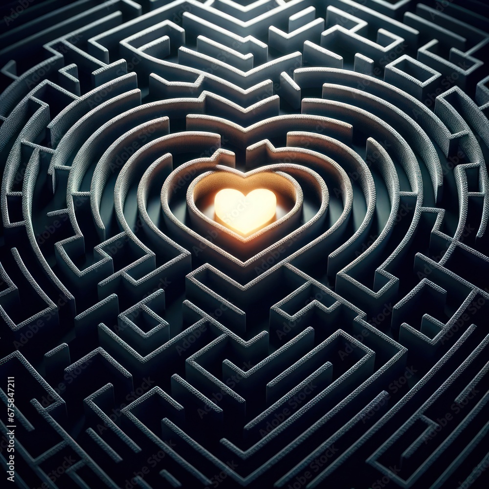 Conceptual image showing a heart in the center of a complex and layered 3d maze structure Conceptual image showing a heart in the center of a complex and layered 3d maze structure
