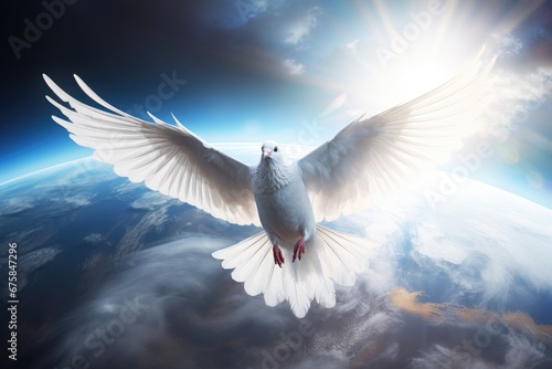 White dove bird with world ball with sky sun and clouds on background. White bird as symbol of love and peace flies above planet Earth. International Peace Day