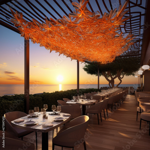 outdoor french restaurant with long orange light sculpture hanging under ceiling canopy facing ocean photo