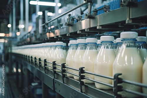 Glass or plastic bottles with dairy products on factory conveyor. Generative AI