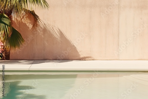 Beige wall by pool with shadow from palm tree, abstract background. Generative AI