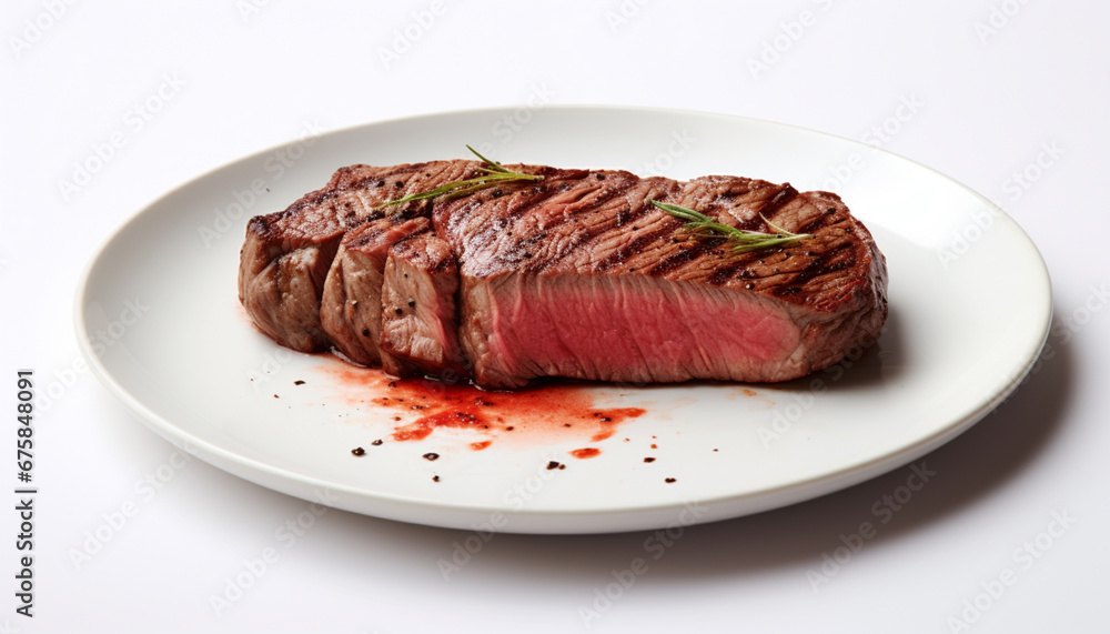 Steak on white plate on white background. Innovative AI.