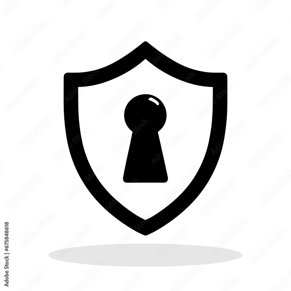 Security shield icon. Black silhouette of a shield featuring a central keyhole. Security shield icon. Black silhouette of a shield featuring a central keyhole.