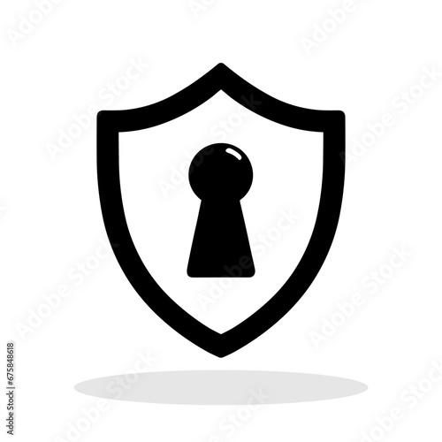 Security shield icon. Black silhouette of a shield featuring a central keyhole.