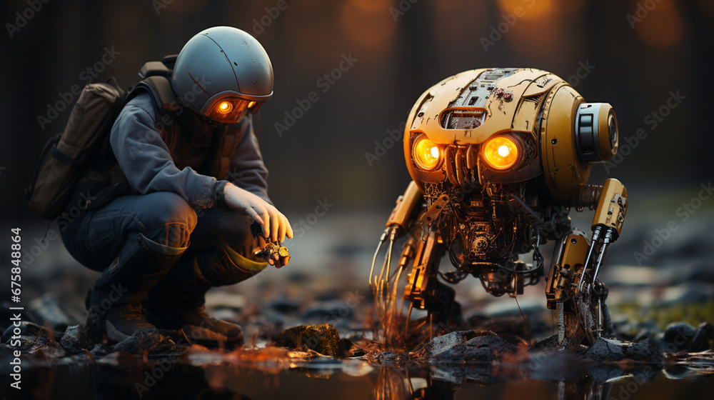 Cute little robot and baby in the forest. Innovative AI.