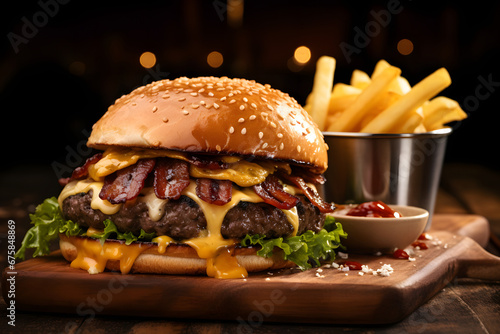 A mouthwatering burger with perfectly melted cheese  crispy lettuce  and a juicy beef patty  served on a rustic wooden board with a side of golden fries. Ai Generated.NO.02