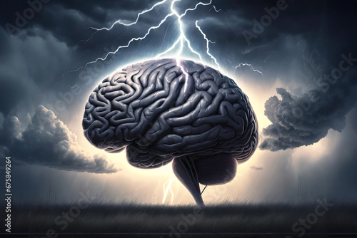 A gray brain in a stormy and dark environment photo