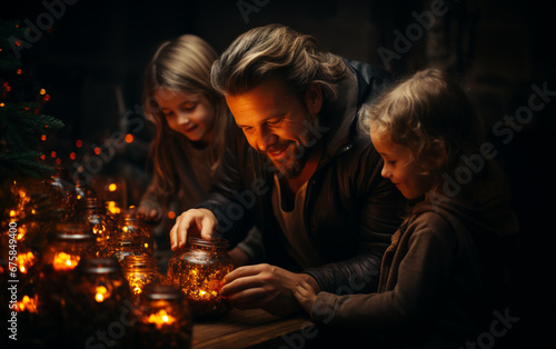 ojciec z dziećmi wspólnie przygotowuje ozdoby świąteczne na boże narodzenie.