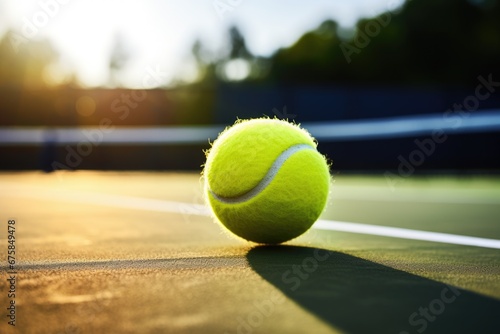 Closeup of tennis ball on court floor. AI Generated © dark_blade