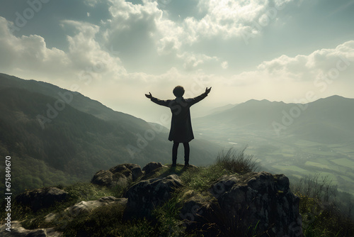 Romantic poet standing on top of a mountain peak, reciting a poem to the wind with open arms as to embrace the natural landscape with the valley below, the bright sky & the clouds.