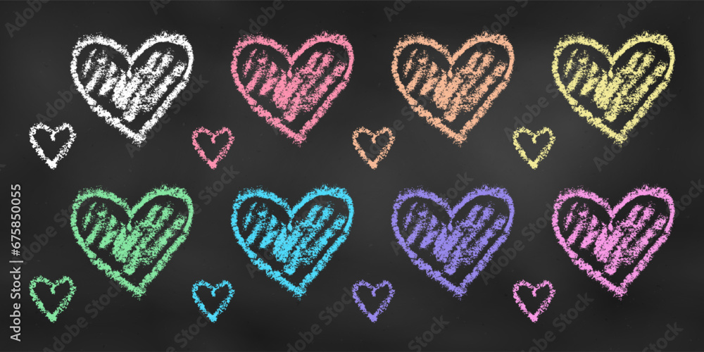 Fototapeta premium Set of Design Elements Red, Orange, Yellow, Green, Blue, Violet and Yellow Hearts Isolated on Chalkboard. Realistic Chalk Drawn Sketch.