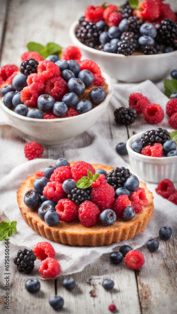 Fresh homemade fruit seasonal tart with strawberries and blueberries. Placed on plate on a wooden table next the window, delicious to eat, round by fruits. Selected and decorated with various types. Fresh homemade fruit seasonal tart with strawberries and blueberries. Placed on plate on a wooden table next the window, delicious to eat, round by fruits. Selected and decorated with various types.