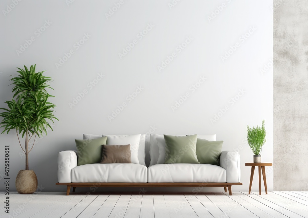 Fototapeta premium White sofa or couch with side tables on a white background, banner size, minimalism, fresh and calm interior, shine marble floo
