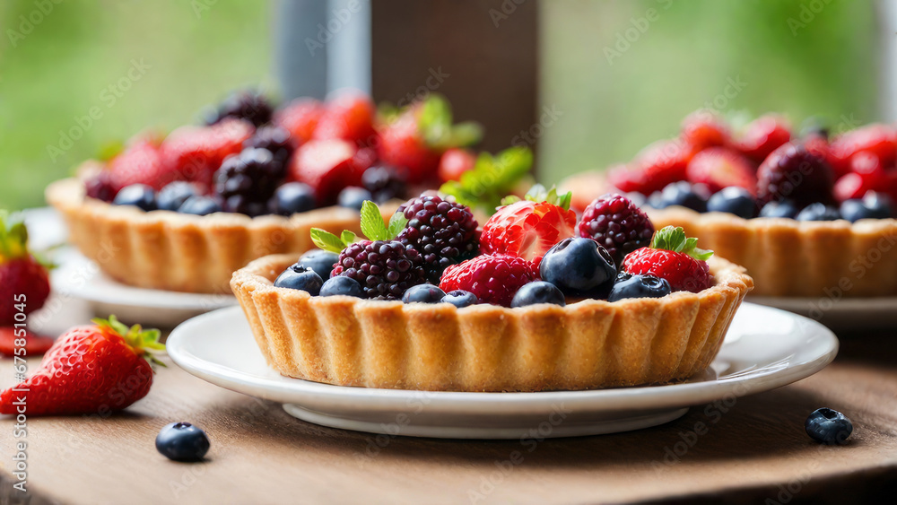 Fresh homemade fruit seasonal tart with strawberries and blueberries. Placed on plate on a wooden table next the window, delicious to eat, round by fruits. Selected and decorated with various types. Fresh homemade fruit seasonal tart with strawberries and blueberries. Placed on plate on a wooden table next the window, delicious to eat, round by fruits. Selected and decorated with various types.