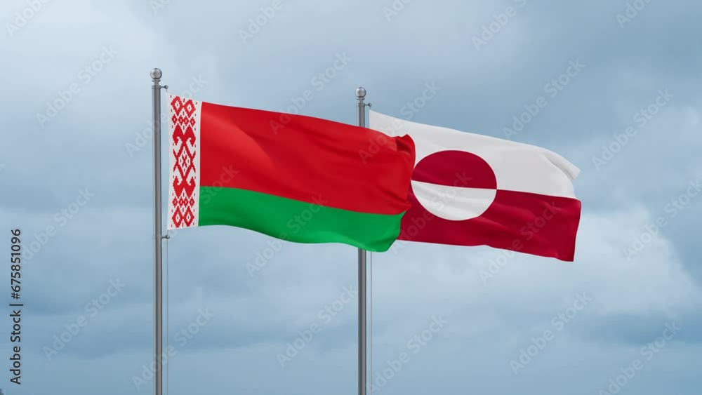 Greenland flag and Belarus flag waving together on cloudy sky, endless seamless loop, two country relations concept Greenland flag and Belarus flag waving together on cloudy sky, endless seamless loop, two country relations concept