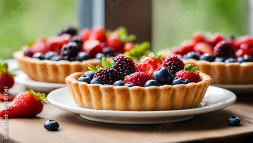Fresh homemade fruit seasonal tart with strawberries and blueberries. Placed on plate on a wooden table next the window  delicious to eat  round by fruits. Selected and decorated with various types.
