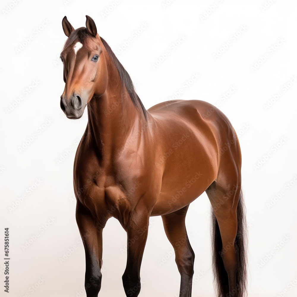 Fototapeta premium Chocolate brown horse finely groomed before a spotle