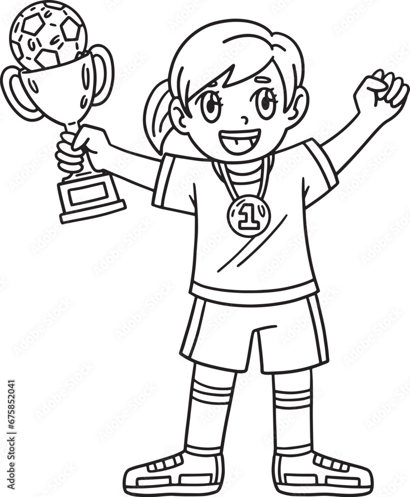Girl with Soccer Trophy and Medal Isolated 