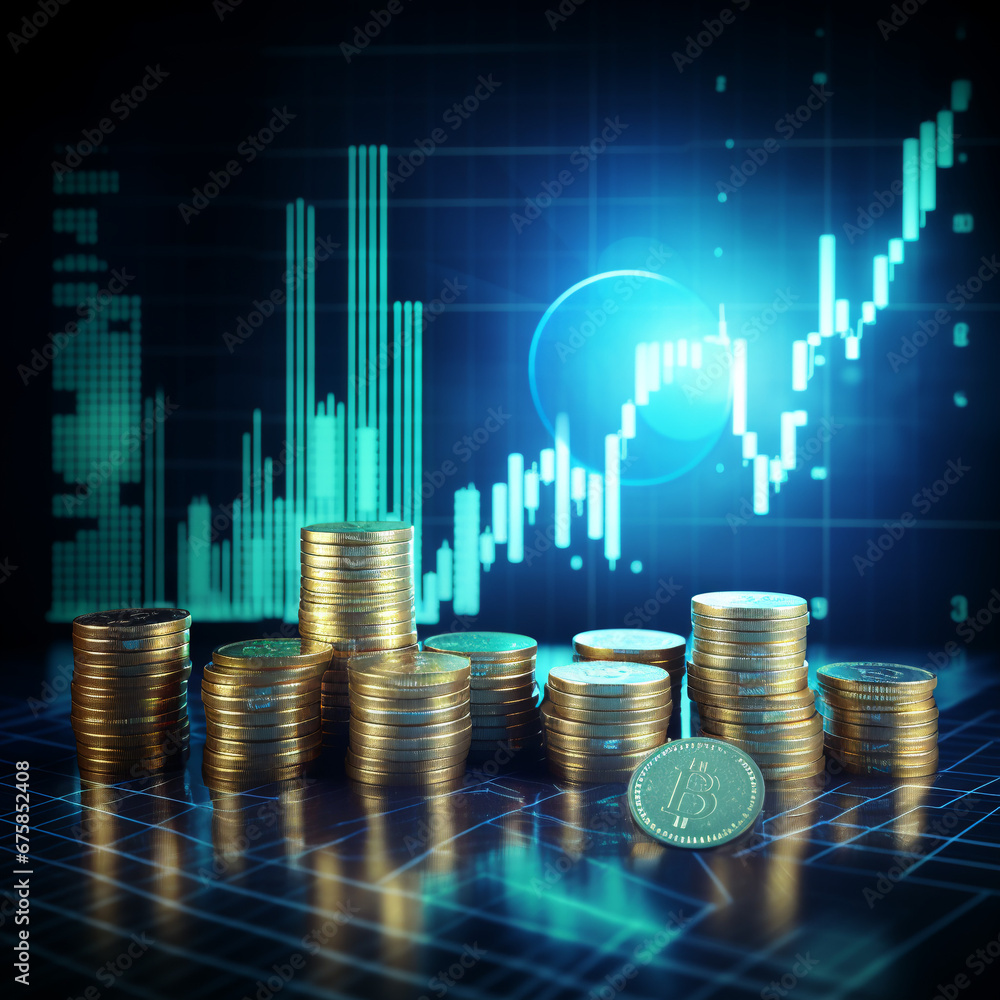 3D Coin Backdrop: Soaring Financial Charts Painted in Shades of Blue 3D Coin Backdrop: Soaring Financial Charts Painted in Shades of Blue