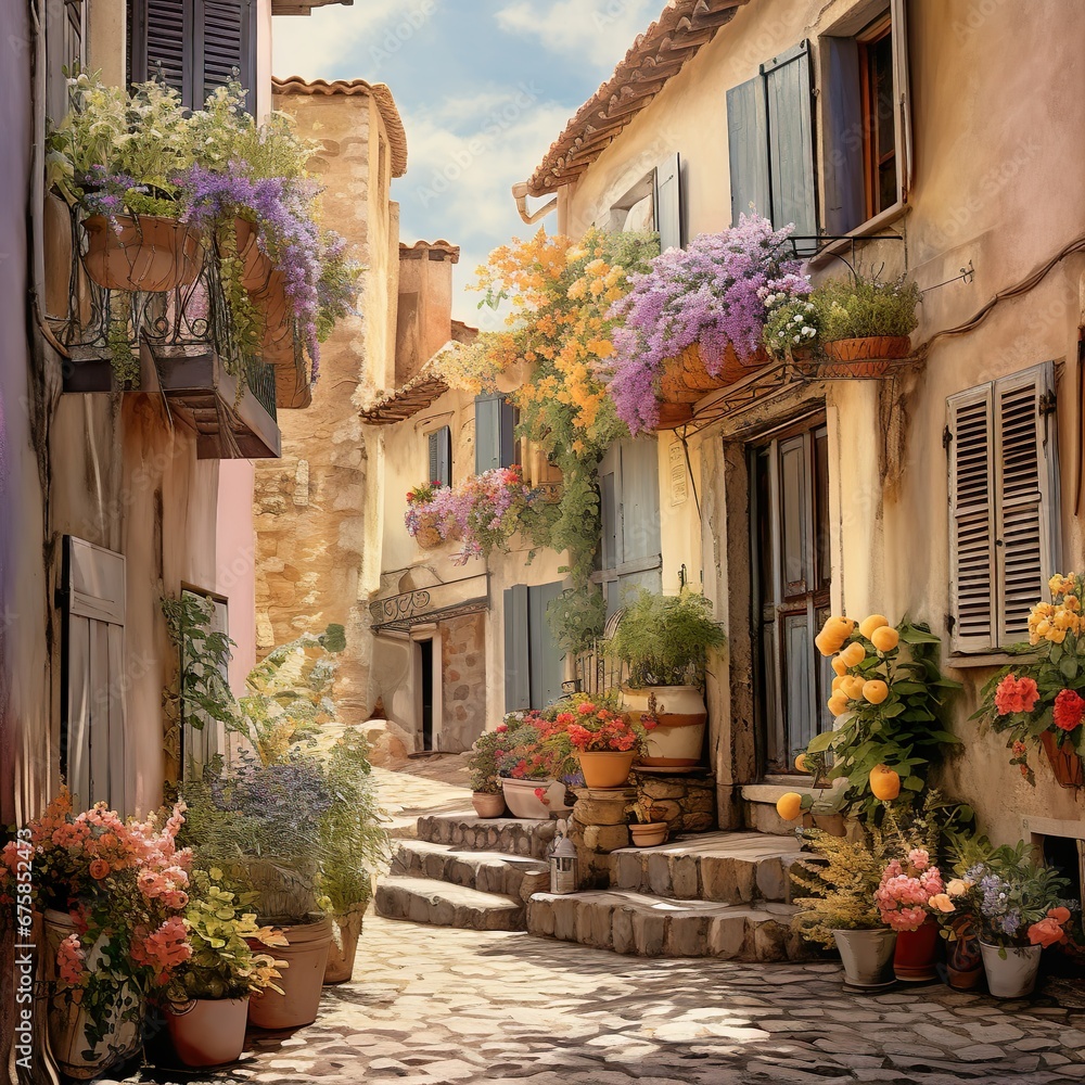 Provence streets with windows and houses and flowers in watercolor style