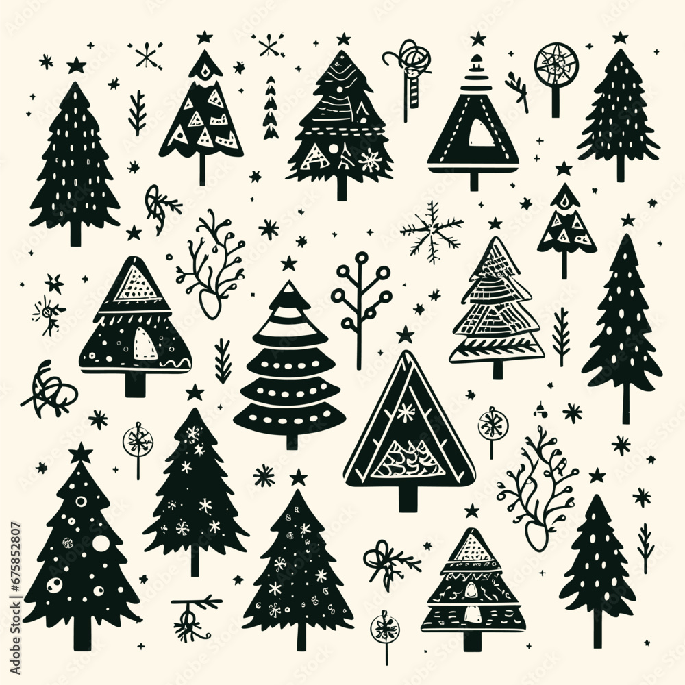 Obraz premium Vector black doodle christmas symbols clipart on white background
