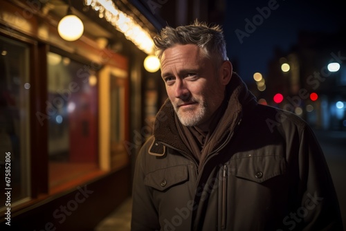 Portrait of a middle-aged man with a beard in the city at night