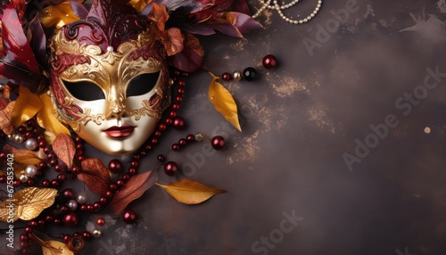 royal design of the carnival mask , gold with bordeaux background with copy space 
