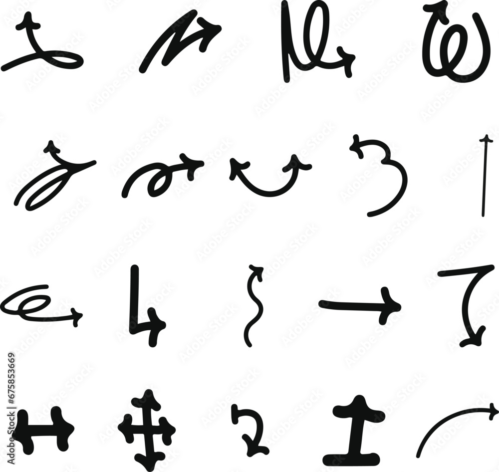 Naklejka premium Doodle hand drawn vector arrows set. Isolated on white background, thin lines.Thin curved sketch arrows collection. Hand drawn vector arrows pointing different directions stock illustration.