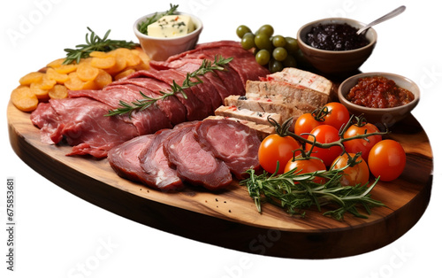 Wooden Plate Presentation of Fresh Gourmet Meat Appetizers isolated on transparent background.