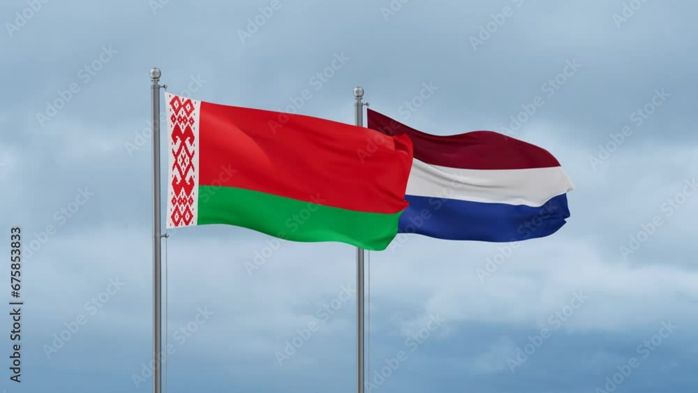Netherlands flag and Belarus flag waving together on cloudy sky, endless seamless loop, two country relations concept Netherlands flag and Belarus flag waving together on cloudy sky, endless seamless loop, two country relations concept