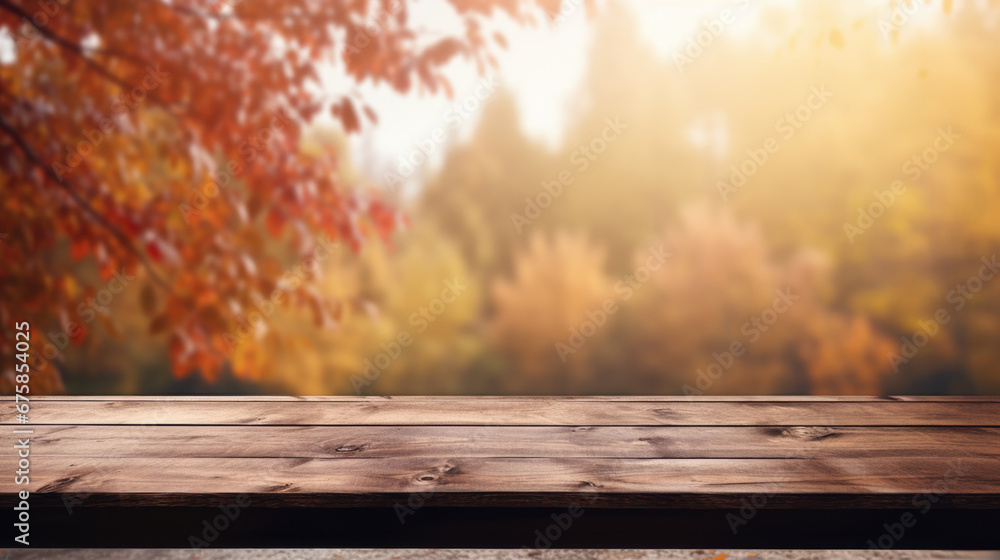 a wooden table set against the rustic charm of autumn, a tranquil setting. a wooden table set against the rustic charm of autumn, a tranquil setting.