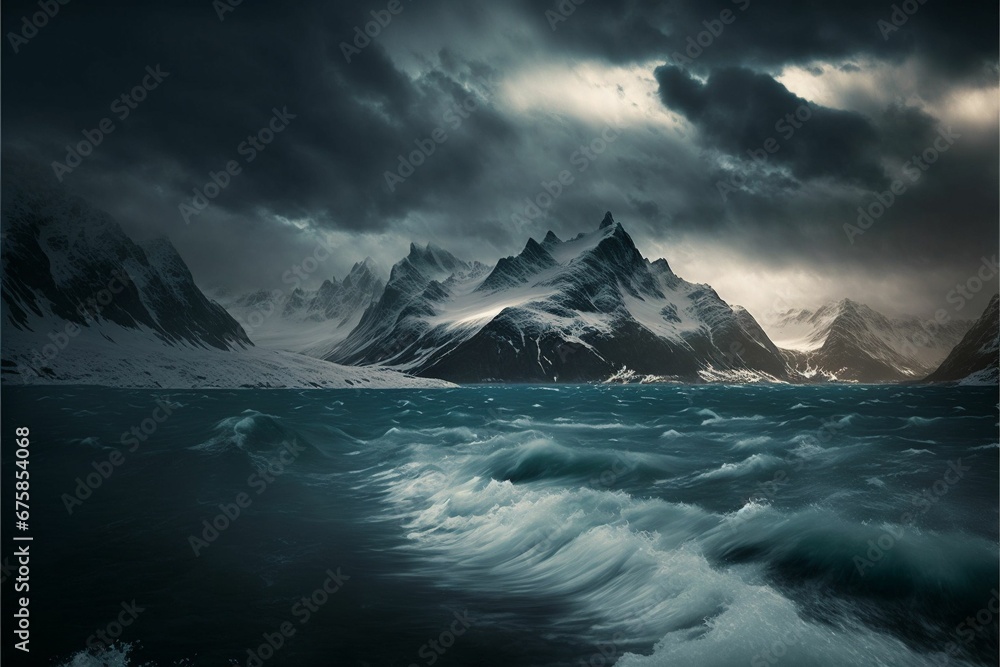 custom made wallpaper toronto digitalAI-generated illustration of a beautiful landscape with blue waves on a stormy day