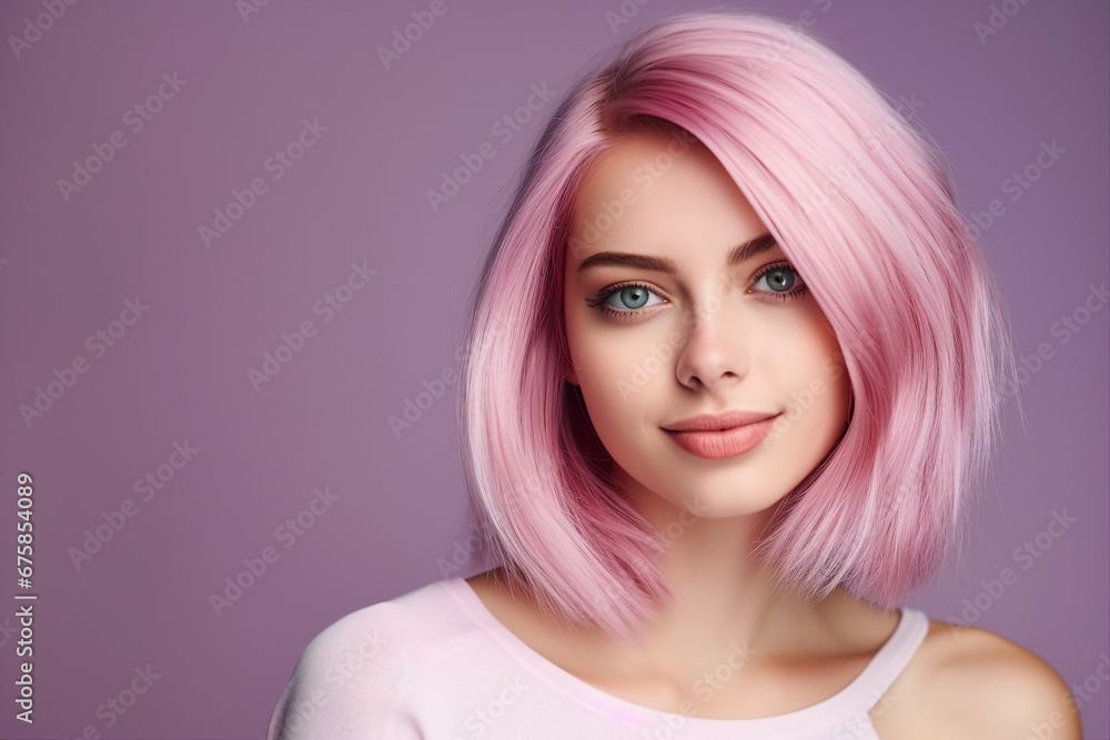 Generative ai picture of beautiful fashion model woman demonstrating perfect haircut pink stylish hair after salon Generative ai picture of beautiful fashion model woman demonstrating perfect haircut pink stylish hair after salon