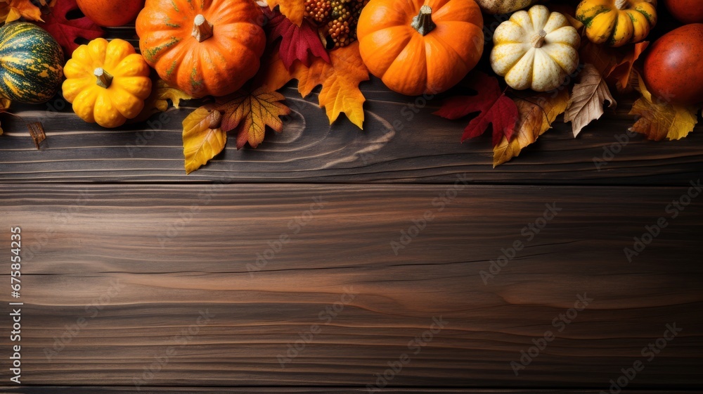 Pumpkins and fallen leaves on wooden background. Thanksgiving day. banner, Copy space, top view Pumpkins and fallen leaves on wooden background. Thanksgiving day. banner, Copy space, top view