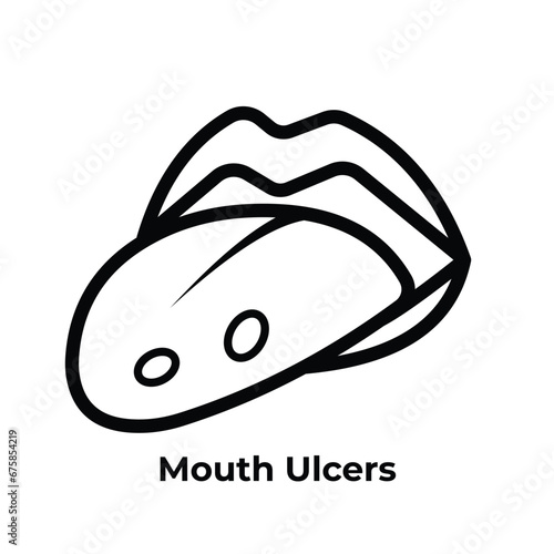 Two round shaped mouth ulcers wound on tongue. Vector icon with black outline isolated on square white background. Simple flat cartoon art styled drawing.