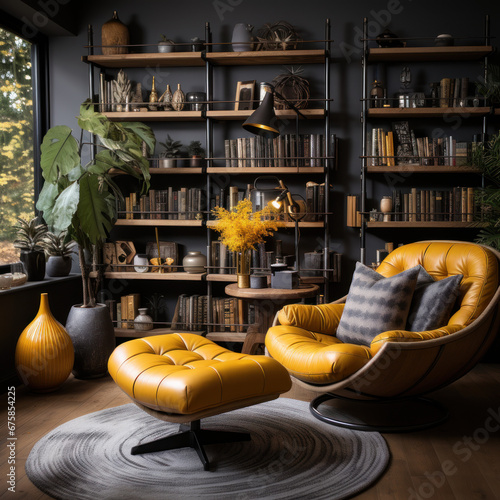  A shot of a stylish home library where a circular  