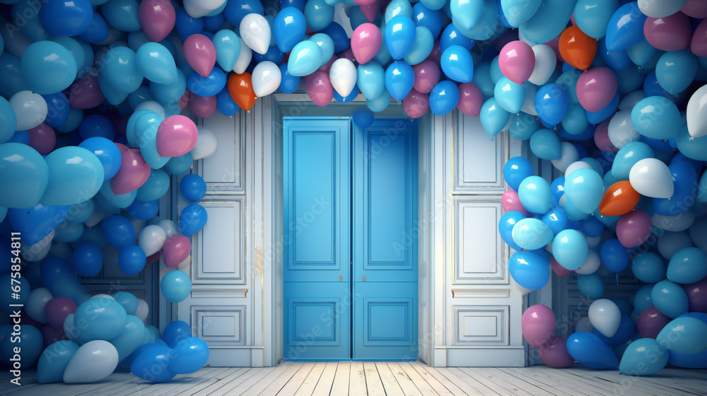 Fototapeta premium 3D render of colorful balloons floating through blue door