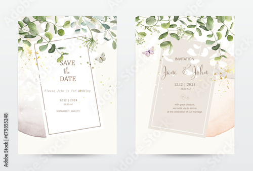 Set of invitation template cards with botanical on watercolor stains