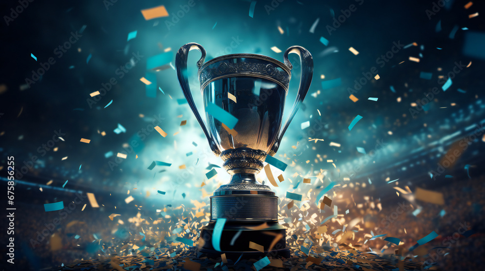Win concept. Champion Award gold cup, Golden winner's cup in the middle of a soccer stadium with audience. generated AI - obrazy, fototapety, plakaty 