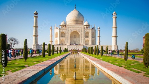 Scenic view of the iconic Taj Mahal in Agra, India, from ground level photo
