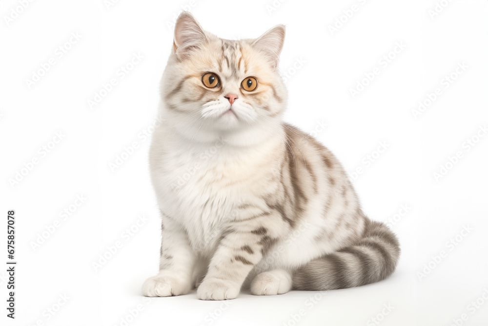 Adorable Munchkin Tabby Cat with Yellow Eyeson White Background.  Isolated