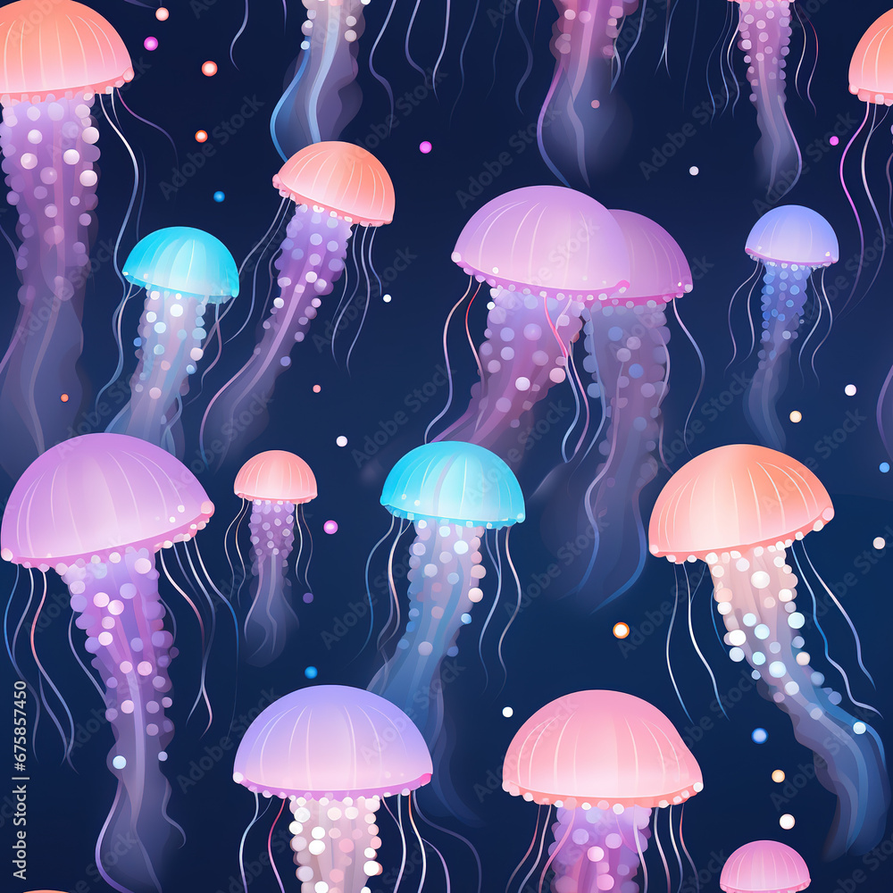 Fototapeta premium Jellyfish cartoon repeat pattern, underwater sea life background