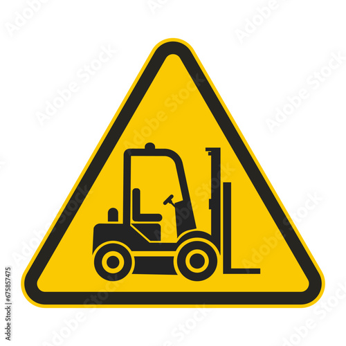 Yellow triangle safety sign icon of black pictogram forklift with fork, wheel, steering wheel, for industrial vehicle caution alert 